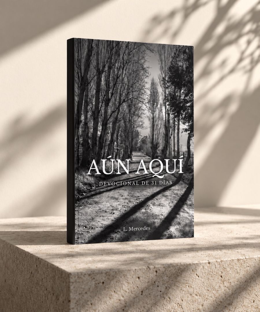 Portada de Aún Aquí: un camino de tierra entre árboles, en blanco y negro